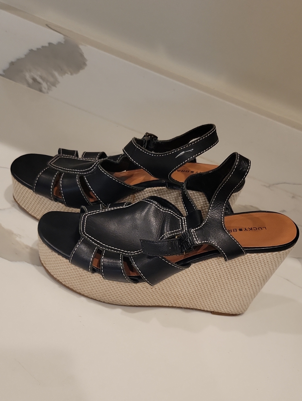 Lucky Brand Black Leather Wedge Sandals Size 10